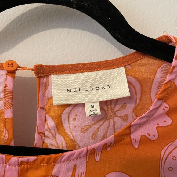 Melloday Floral Tie Front Top Pink Orange Size S Puff Sleeve Ruffles Boho Preppy - Picture 3 of 8